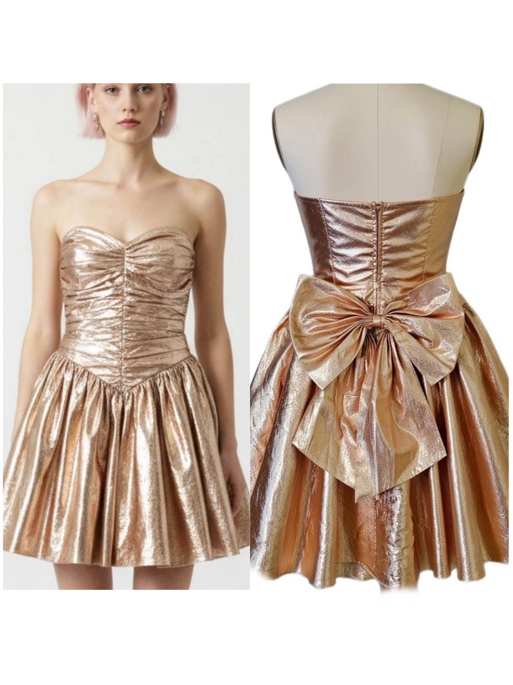 Vtg. 80's Rose Gold Metallic Strapless Mini Dress Size S